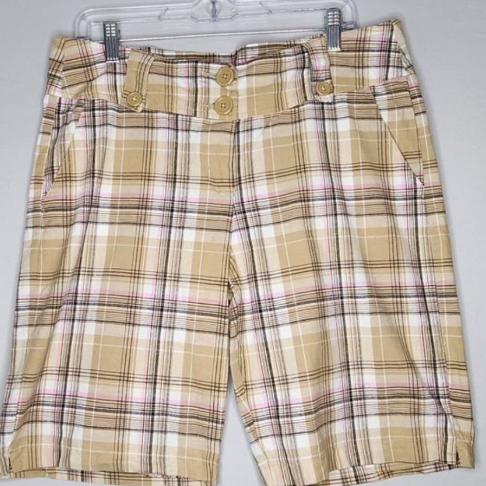 Bugle Boy‎ Women's Vintage Bermuda Shorts XL Tan & Pink  pockets Cotton spandex